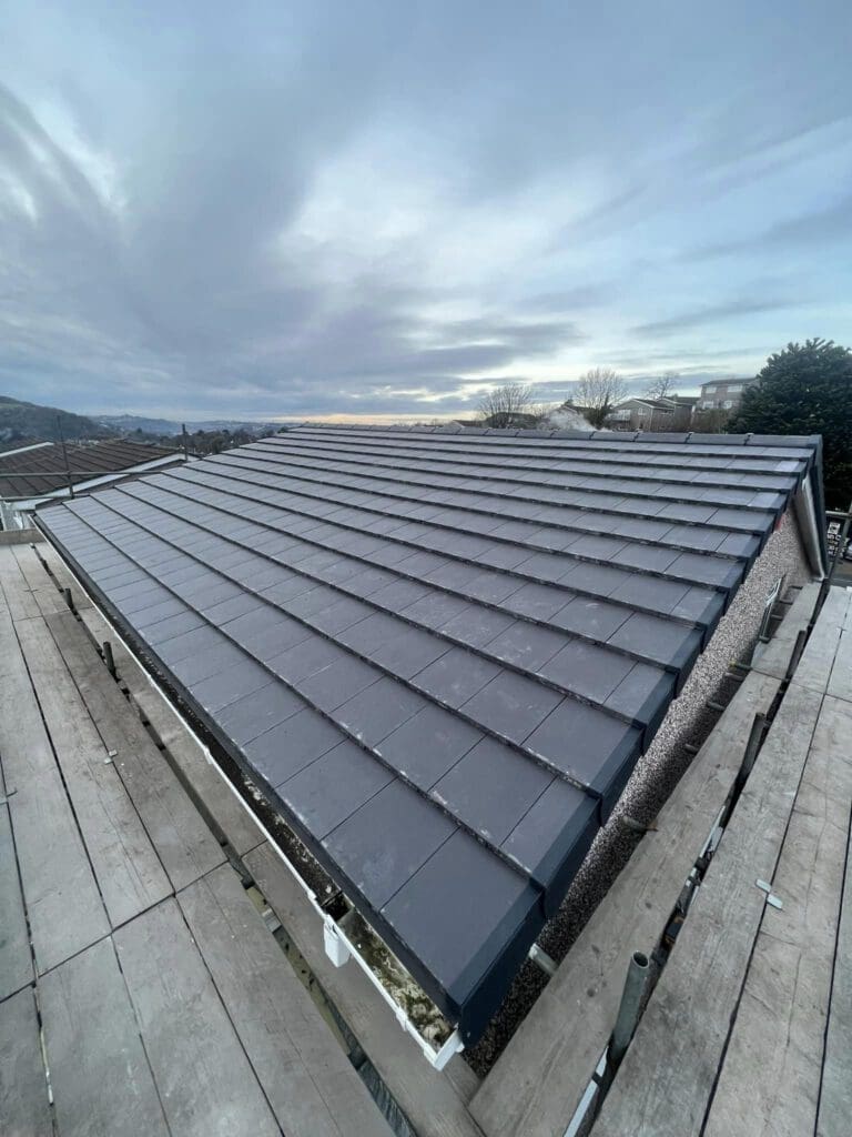 A newly installed gray tiled roof is shown from above, with scaffolding surrounding it. The sky is overcast, and the horizon is visible in the distance, with houses and trees in the background.